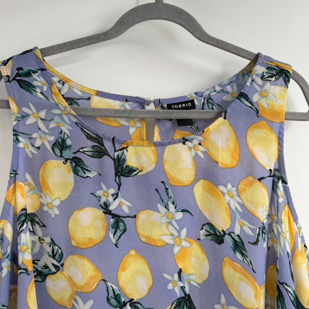 Torrid Lemon Print Tank Top Size 1X Purple Georgette Ruffle High Low Hem Keyhole - Picture 4 of 10